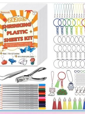 242pc Shrink Plastic Shrinky Dink Keychain Craft Kit NEW